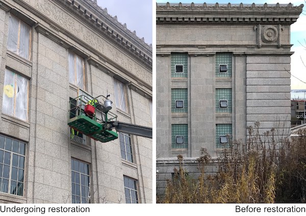 Composit photo of the Historic St. Louis County Jail Window Restoration, before and during renovation photos